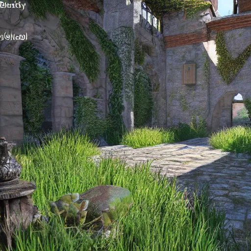 Prompt: medieval mystery garden very detailed unreal engine volumetric light hyper realistic art station