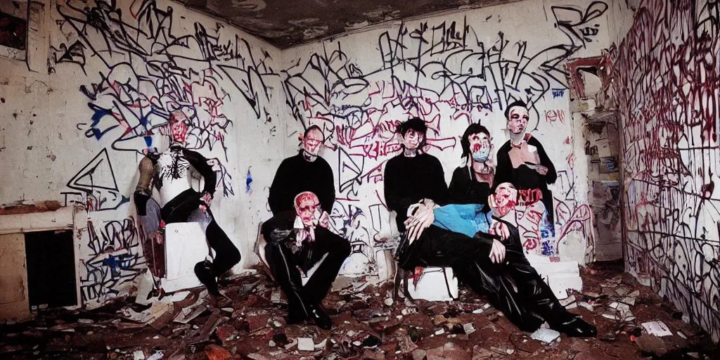 Prompt: polymer coneheads French band photoshoot inside abandoned dollhouse, 1980s surrealism aesthetic, detailed facial expressions, graffiti on the walls and ceiling