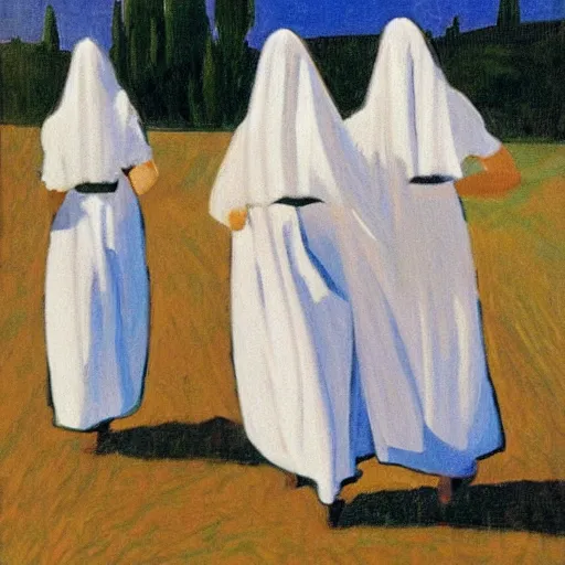 Prompt: nuns in a landscape, by giacomo balla