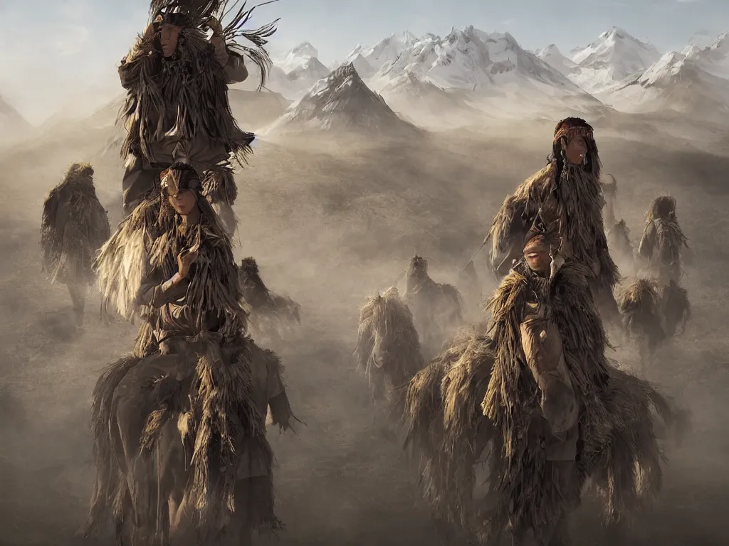 Image similar to a portrait of the mighty helianthus people, a nomadic mongolian tribe that worship the sunlight in a vast barren valley full of sunflowers that are withered dry, with glaciers peaking through fog in the distance, by Greg Rutkowski, Sung Choi, Mitchell Mohrhauser, Maciej Kuciara, Johnson Ting, Maxim Verehin, Peter Konig, Bloodborne, macro lens, 35mm, 8k photorealistic, cinematic lighting, HD, high details, atmospheric