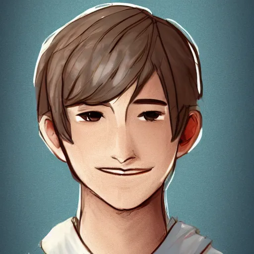 Image similar to sketch of a smiling teenage boy with very short side part hair smiling trending on artstation