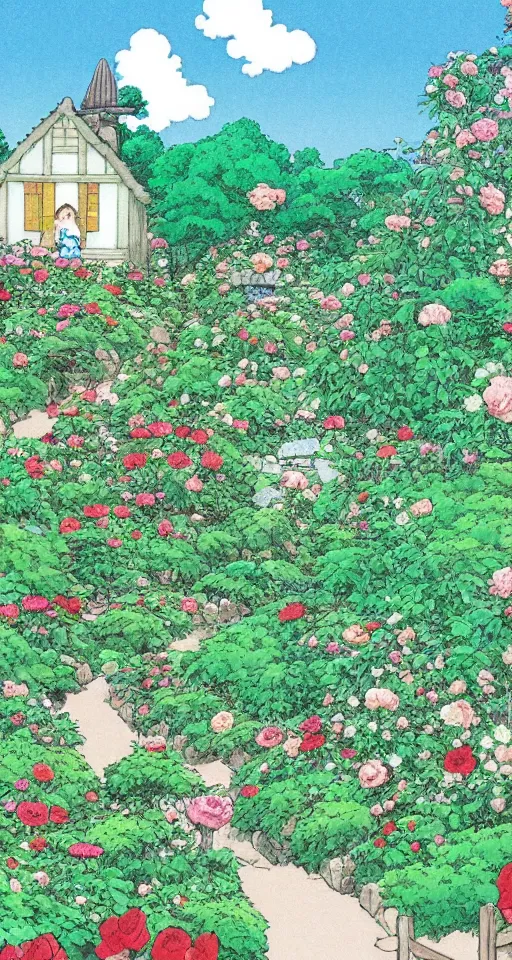 Image similar to studio ghibli rose garden by hayao miyazaki