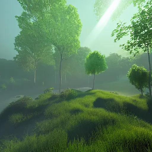 Image similar to green and healthy terrain, enveloping nature, colored point lights, volumetric lighting, unreal engine, 8K,