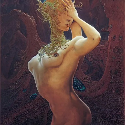 Prompt: queen of neptune by zdzisław beksinski, alexander mcqueen, craig mullins and alphonse mucha. highly detailed, hyper - real, beautiful