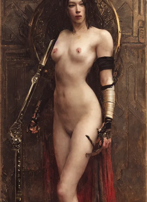 Image similar to stoya wearing black medieval armour, by gaston bussiere, bayard wu, greg rutkowski, giger, maxim verehin, greg rutkowski, masterpiece, sharp focus, cinematic lightning