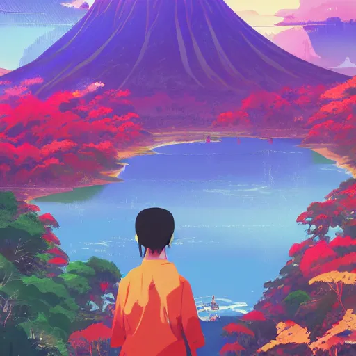 Prompt: landscape of an anime style with tropical flowers and volcanos, waterfalls bright colors, bird eye view, bove rule of thirds golden ratio, fake detail, trending pixiv fanbox, acrylic palette knife, style of makoto shinkai studio ghibli genshin impact james gilleard greg rutkowski chiho aoshima