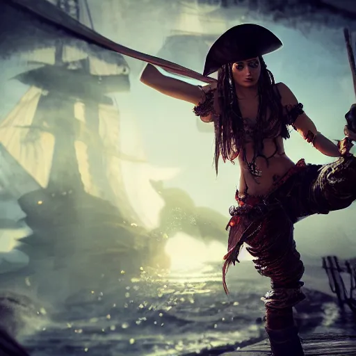 Image similar to full body pose, professional photograph of a beautiful pirate woman, dim volumetric lighting, 8 k, octane beautifully detailed render, extremely hyper detailed, intricate, epic composition, cinematic lighting, masterpiece, trending on artstation, very very detailed, stunning, hdr, smooth, sharp focus, high resolution, award, winning photo, dslr, 5 0 mm