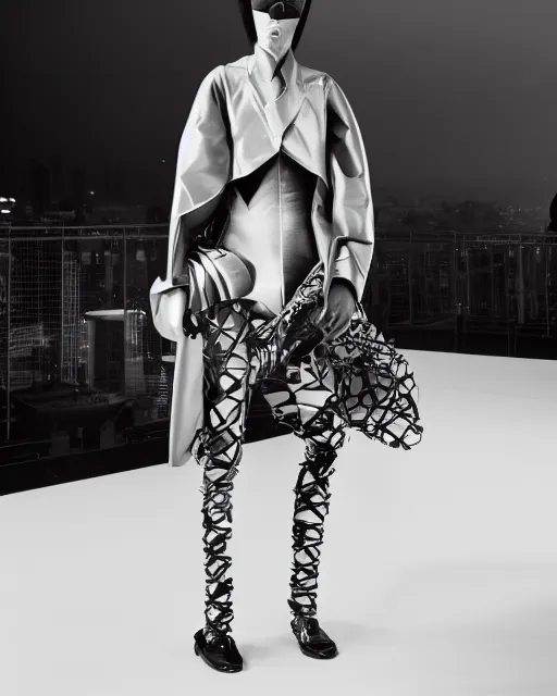 Image similar to an award winning fashion photograph of Balenciaga's fashion week 2049 campaign by Catherine Opie and Hajime Sorayama, Demna Gvasalia, cyberpunk, futuristic, Bladerunner 2049, dazzle camouflage!