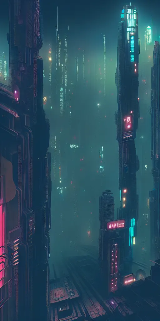 Image similar to epic cyberpunk cityscape, blade runner, james guilleard, beeple, laurie greasley, dan mcpharlin, ornate, dynamic, particulate