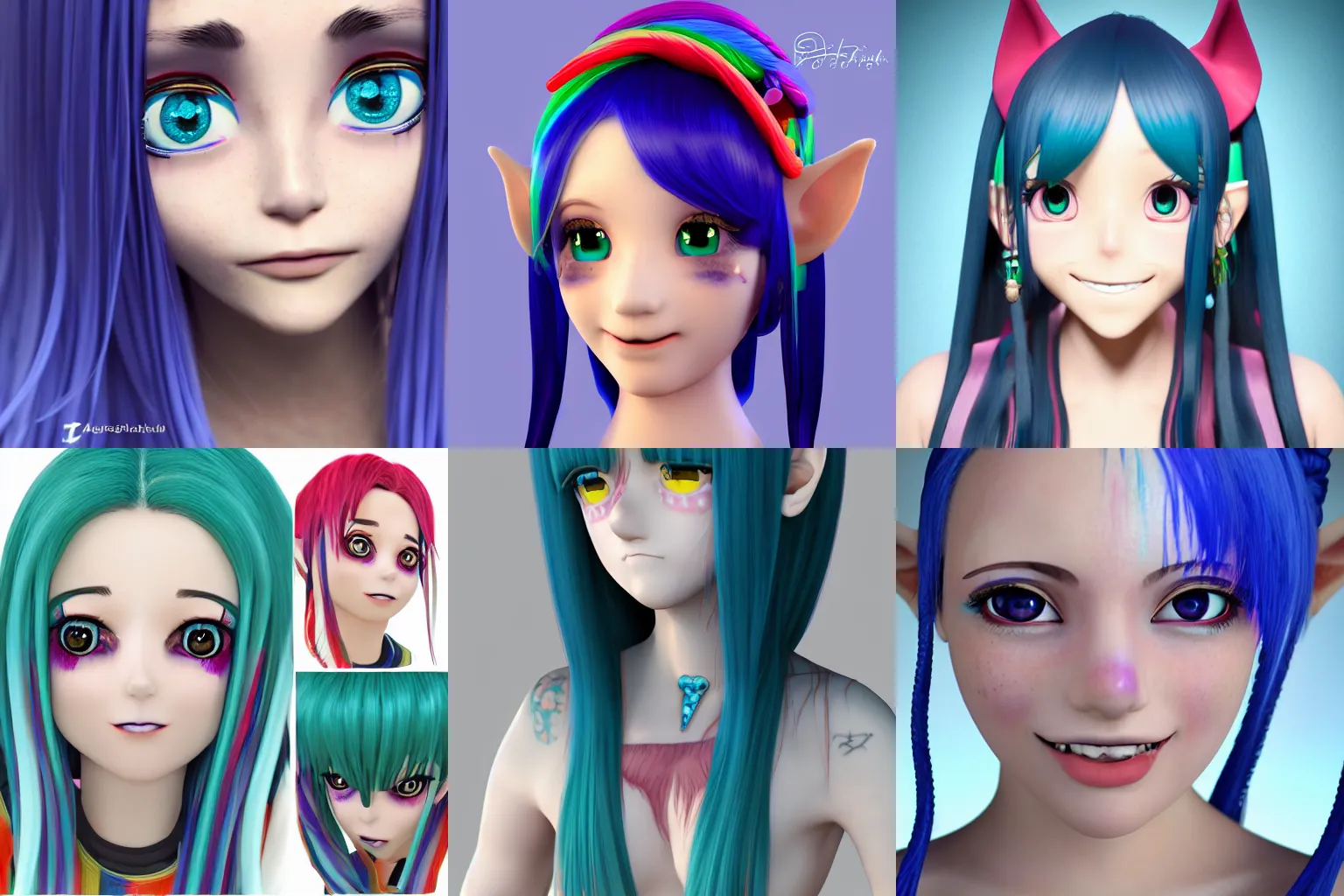 Prompt: beautiful 3d anime girl with dark blue hair with rainbow colored streaks, long braids, teal eyes, full lips in a grin, up to no good, professional makeup, freckles, multiple earrings, elf ears, soft lighting, ambient occlusion, soft skin, bust shot, highly detailed, trending on Artstation, Blender, cycles