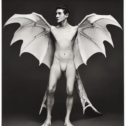 Image similar to a man with dragon wings, large format film fashion photograph by richard avedon