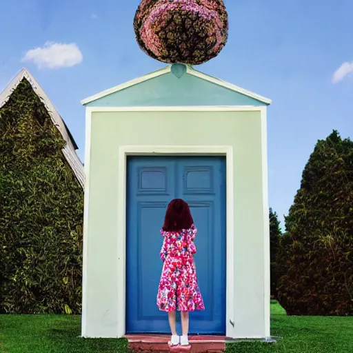 Image similar to giant flower head, full body, girl standing in front of house, surreal, symmetry, mid century, bright colours, blue sky, realistic, wes anderson