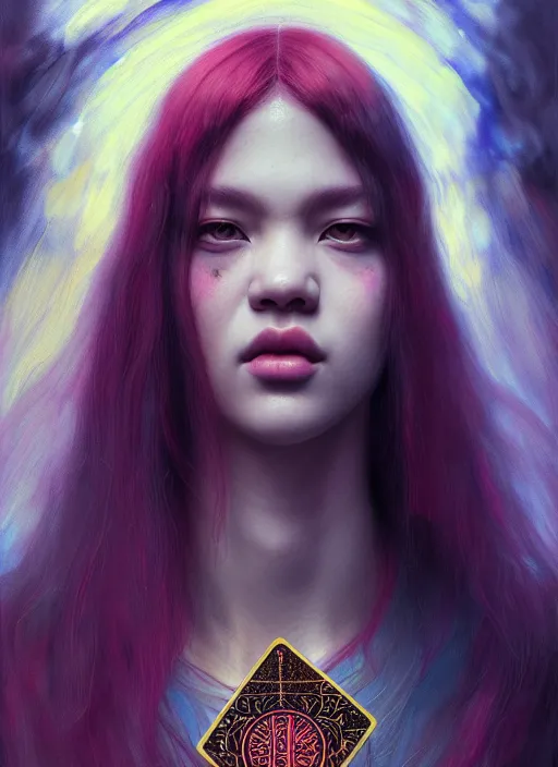 Prompt: jossi of blackpink, king, tarot card, highly detailed, digital painting, smooth, sharp focus, illustration, ultra realistic, octane, render, unreal engine 8 k, art by karol bak and agnes cecile