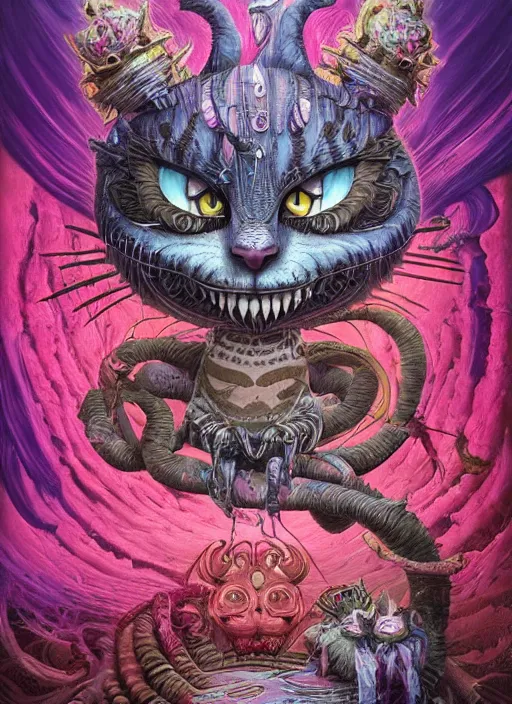 Prompt: cheshire cat, aztec god, highly detailed, cinematic, 8 k, by megan duncanson, benjamin lacombe, adrian borda, stanley artgermm, tom bagshaw, craig mullins, carne griffiths, ayami kojima, beksinski, giger, trending on deviantart, hyper detailed, horror, full of colour