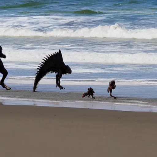 Image similar to velociraptors chasing people on the beach in california