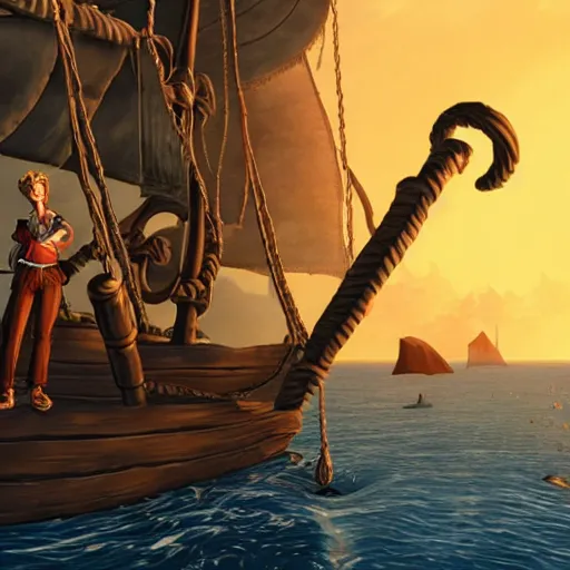 Image similar to Guybrush threepwood in a stunning pirate landscape, golden hour