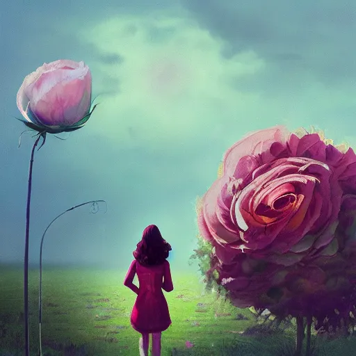 Image similar to portrait, giant rose flower head, girl walking in a suit, surreal photography, sunrise, blue sky, dramatic light, impressionist painting, digital painting, artstation, simon stalenhag