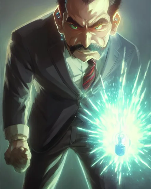 Prompt: gigachad luigi charging ultimate attack like saitama wearing a suit in the office, fantasy character portrait, ultra realistic, anime key visual, concept art, intricate details, highly detailed by greg rutkowski, ilya kuvshinov, gaston bussiere, craig mullins, simon bisley