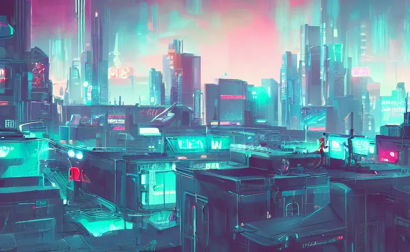 Prompt: pitch, cyberpunk, rooftop, teal neon lights, highly detailed, digital painting, artstation, concept art, sharp focus, illustration