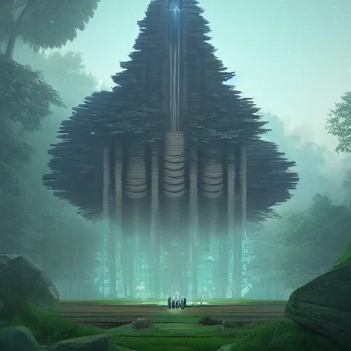 Prompt: futuristic temple between green hills with big trees, monks, shooting stars, dramatic lighting, artstation, matte painting, raphael lacoste, simon stalenhag, frank lloyd wright