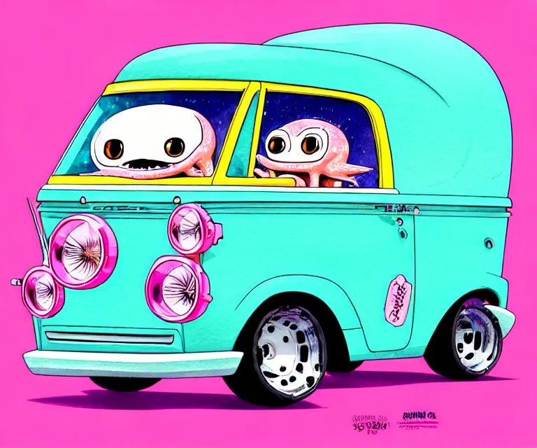 Prompt: cute and funny, pink colored squid wearing goggles riding in a tiny hot rod van with oversized engine, ratfink style by ed roth, centered award winning watercolor pen illustration, isometric illustration by chihiro iwasaki, edited by range murata, tiny details by artgerm and watercolor girl, symmetrically isometrically centered