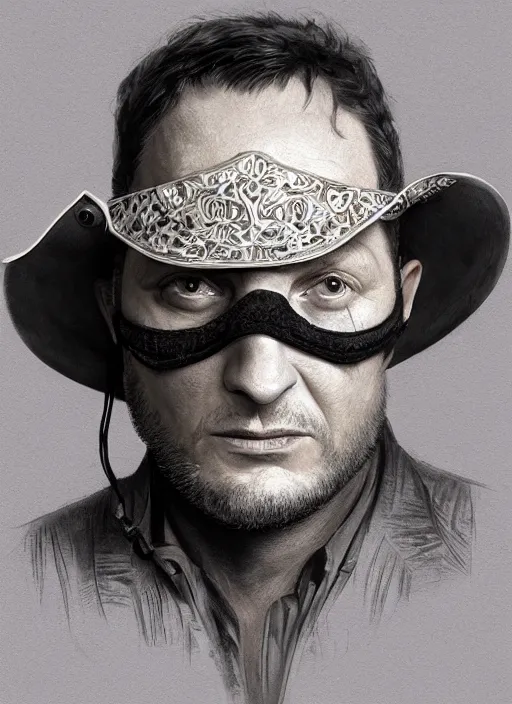 Image similar to Portrait Tim Robinson (from I Think You Should Leave) in a cowboy hat and eye mask disguise, marvel comics, dark, intricate, highly detailed, smooth, artstation, digital illustration by Ruan Jia and Mandy Jurgens and Artgerm and Wayne Barlowe and Greg Rutkowski and Frank Frazetta