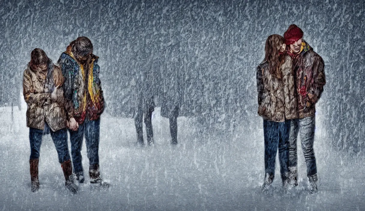 Prompt: multicolor 3 d render of couple hides in snow and rain mystery by @ rikoosten broek created at contemporary in high resolution, with inspiring feeling