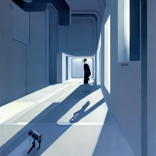 Prompt: A white futuristic modern corridor, very coherent, painted by Edward Hopper, Wayne Barlowe, painted by James Gilleard, airbrush, art by JamesJean