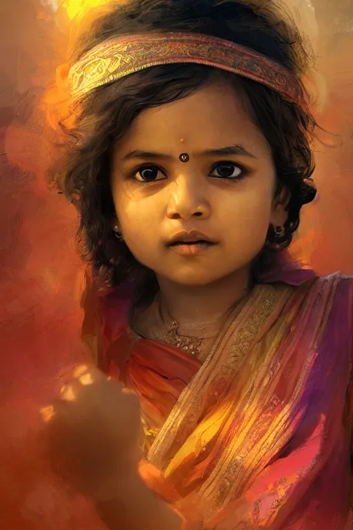 Image similar to hindu little girl, joyful, close - up portrait, intricate, elegant, volumetric lighting, scenery, digital painting, highly detailed, artstation, sharp focus, illustration, concept art, ruan jia, steve mccurry