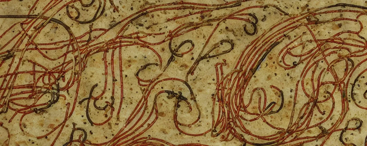 Prompt: ancient manuscripts detailing spaghetti, fine detail