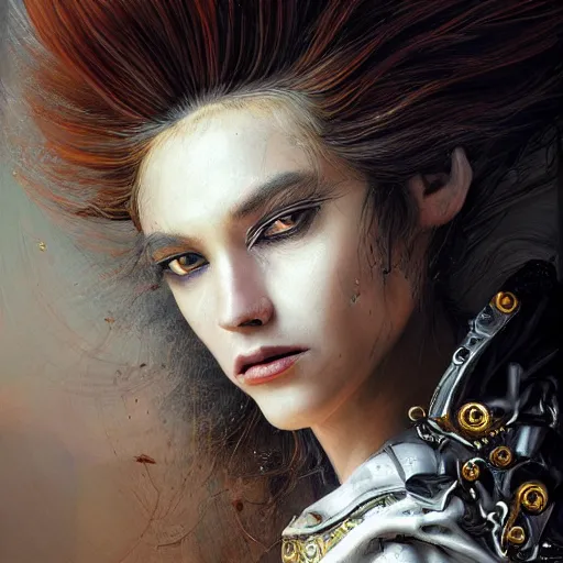 Image similar to portrait, headshot, insanely nice hair style, dramatic hair color, digital painting, of a old 17th century, old cyborg merchant, amber jewels, baroque, ornate clothing, scifi, realistic, hyperdetailed, chiaroscuro, concept art, art by Franz Hals and Jon Foster and Ayami Kojima and Amano and Karol Bak,