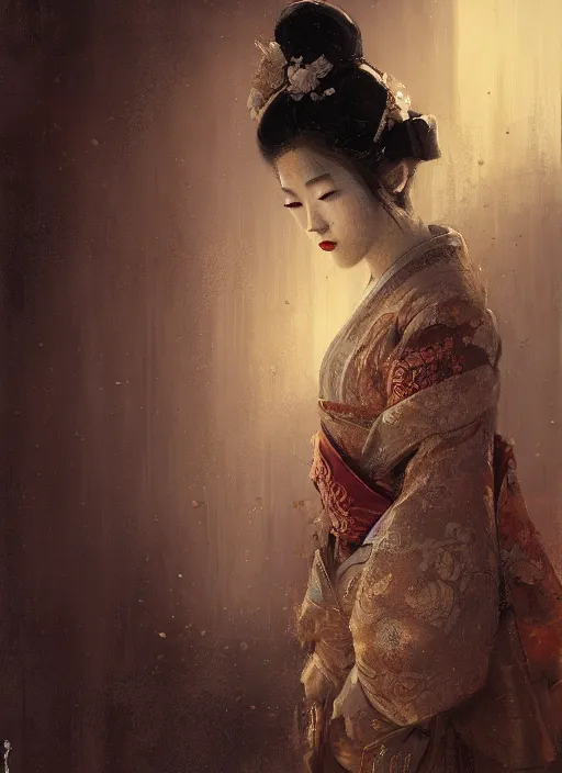 Image similar to female geisha girl, beautiful face, rule of thirds, intricate outfit, spotlight, by justin gerard, by greg rutkowski, by jeremy mann, digital painting