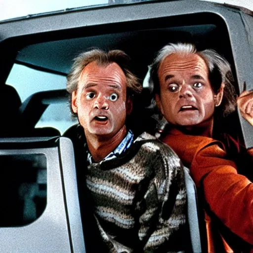 Prompt: bill murray plays doc brown in back to the future, film still, promotional shot