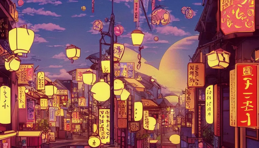 Image similar to A film still from a 1990s Sailor Moon cartoon featuring a moody street in Japan with a waterfall and lanterns, lofi aesthetic, golden hour, cinematic look, film grain, high detail, high resolution, 8k