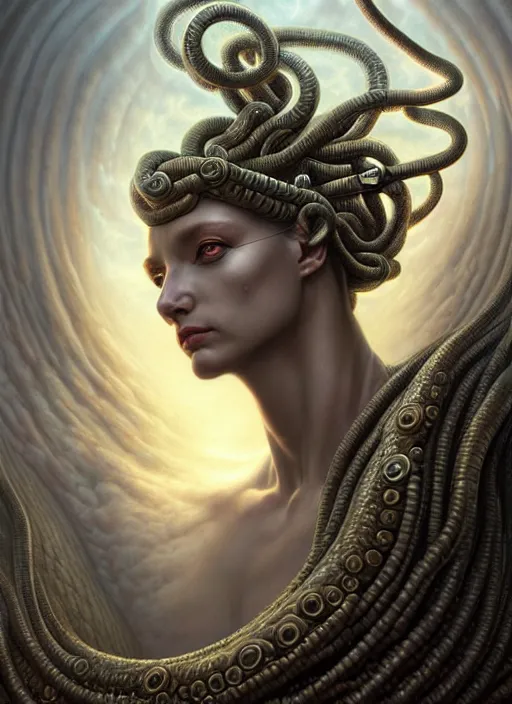 Image similar to closeup portrait shot of a medusa in a scenic dystopian environment, intricate, elegant, highly detailed, centered, digital painting, artstation, concept art, smooth, sharp focus, illustration, artgerm, tomasz alen kopera, peter mohrbacher, donato giancola, joseph christian leyendecker, wlop, boris vallejo