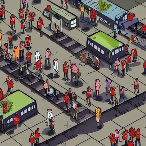 Prompt: a search and find illustration of a zombie horde at a train station with survivors hidden behind objects, isometric view, photorealistic