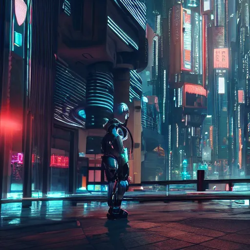 Prompt: a man inside of a robot suit in a cyberpunk city, photorealistic, 8K, coherent like Dall-E 2