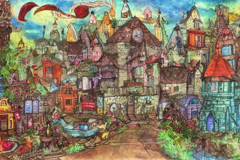 Image similar to a fantasy town, mixed media, whimsical,