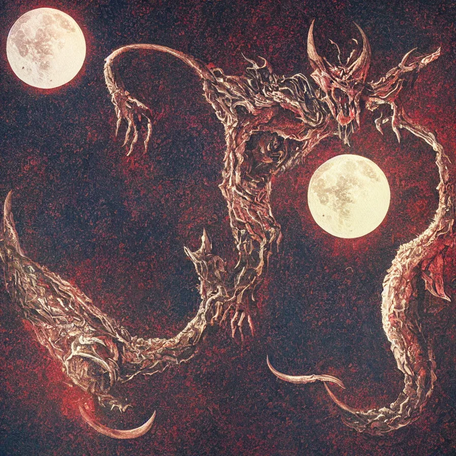 Image similar to fetal moon with a fanged devouring moon sharp fangs streaming blood bestial moon horror, award winning oil painting digital art, chromatic aberration