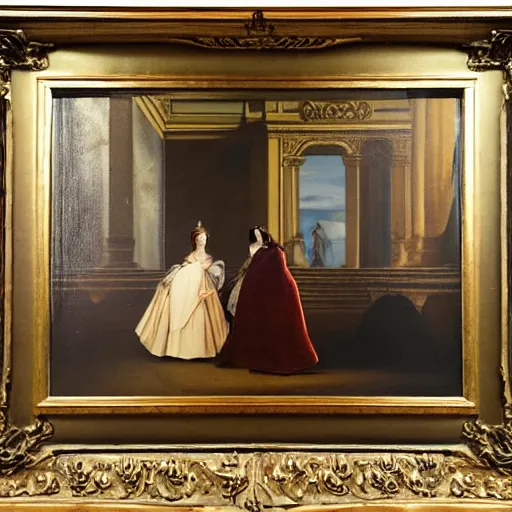 Image similar to oil on canvas painting no frame. two women in a vast castle lobby wearing fine clothes, two men looking at one of her in the distance. dark room with light coming through the right side of the place. baroque style 1 6 5 6. high quality painting, no distortion on subject faces.