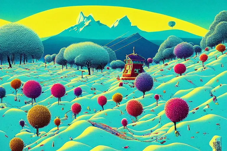 Image similar to surreal glimpse into other universe, himalaya with snow ice cream, summer morning, very coherent and colorful high contrast, art by!!!! gediminas pranckevicius!!!!, geof darrow, floralpunk screen printing woodblock, dark shadows, hard lighting, stipple brush technique,