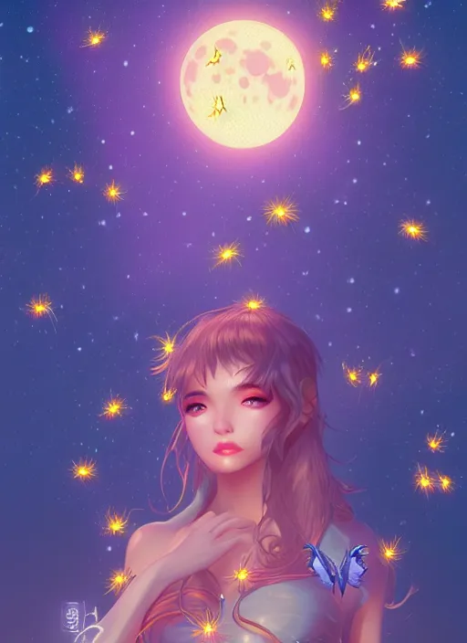 Prompt: queen of the night surrounded by fireflies with the fullmoon in the background, highly detailed, artgerm style, artstation, soft light, sharp focus, illustration, character design, concept art