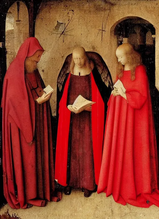 Image similar to fallen angels dressed in red reading the bible and arguing in Tuscany by Jan van Eyck, Hieronymus Bosch, 4k post-processing, highly detailed medieval painting