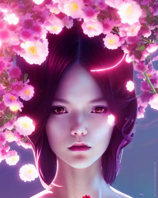 Image similar to perfect android girl, rose hair, cyborg, flowers, cinematic lighting, garden, beautiful girl, kim hyun joo, advanced technology, futuristic, art by ilya kuvshinov and akiko takase and eugene gottsnake and stanislav istratov and su fu and antoine collignon