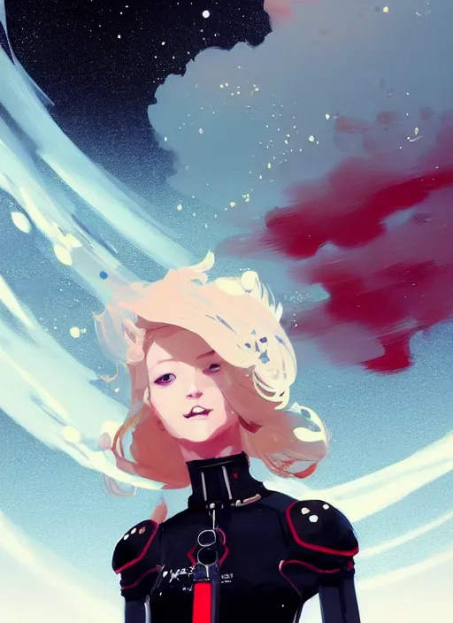 Prompt: highly detailed portrait of a hopeful pretty astronaut lady with a wavy blonde hair, by Greg Tocchini, by Greg Rutkowski, by Dustin Nguyen, by Ilya Repin, by Cliff Chiang, 4k resolution, nier:automata inspired, bravely default inspired, vibrant but dreary but upflifting red, black and white color scheme!!! ((Space nebula background))