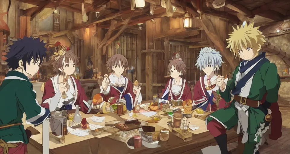 Image similar to Kyoto Animation anime still of a D&D party consisting of a human, an elf and a dwarf drinking in a tavern.