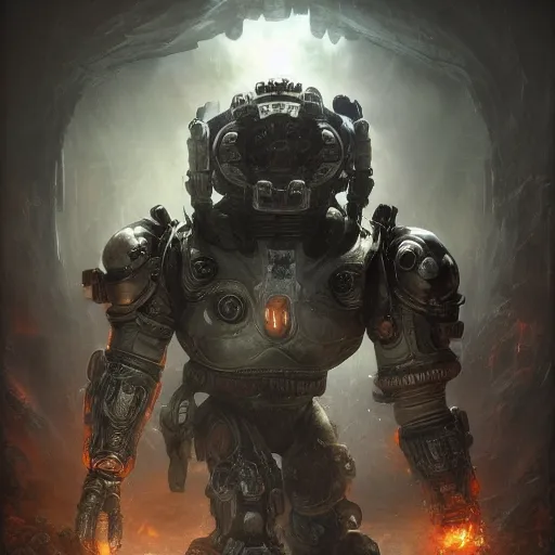 Image similar to Anthropomorphic athletic humanoid robot penguin, creepy,sci fi,in Gears of War cover art, ultra wide lens shot, beautiful, DnD character art portrait, matte fantasy painting, eerie, DeviantArt Artstation, by Jason Felix by Steve Argyle by Tyler Jacobson by Peter Mohrbacher, cinematic lighting