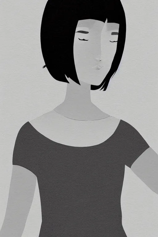 Image similar to portrait of a girl in long pants and a top, hands in pockets, eyes closed, bob haircut, digital art, black and white, illustration by roro kurotani