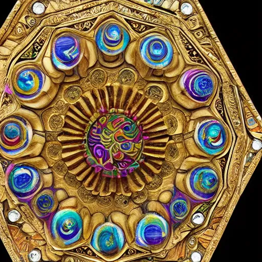Image similar to an psychedelic intricately carved marble set with gold flourishes and diamonds of various colors in the form of hexagons against a blue ornate background