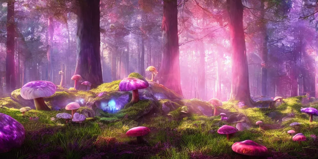 Prompt: glowing violet and pink giant and small mushrooms in a forest with sun rays shining through the trees, masterpiece, fantasy world, octane render, art station, professionally retouched, soft lighting, hyper realistic